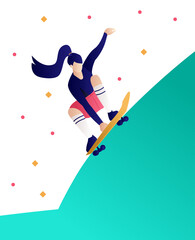 Girl riding a skateboard downhill illustration vector. Girl power concept poster. Summer time