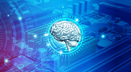 Artificial Intelligence Concept.AI research.AI Learning and Machine learning..Brain made with cpu on circuit board background. 3d illustration.