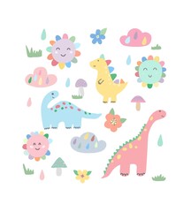 Naklejka na ściany i meble Clipart set of bright dinosaurs. Cute fun illustration for kids decor. Vector hand drawn dinosaurs, sun, clouds.