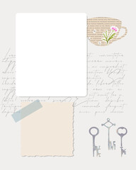 Collage to do list reminder notes planner, newspaper , text and key, old paper, stamp key. Vintage craft. Vector illustration