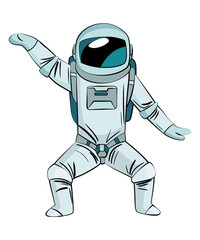 Astronaut or cosmonaut in spacesuit floating in weightlessness. Hand drawn spaceman for t-shirt print design. People exploring universe