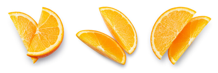 Orange slice isolated top view. Orang cut flat lay on white background. Full depth of field.
