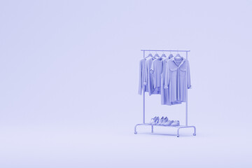 Clothes hanging on a rack, shelf on pastel purple and very peri  background. Creative composition. Light background with copy space. 3D render for web page, presentation, studio, store fashion
