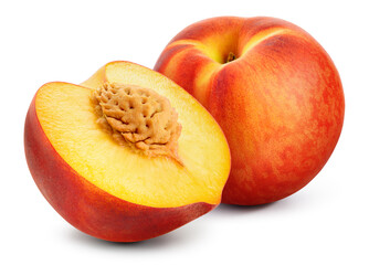 Peach isolated. Whole peach with a half on white background. Peach fruit cut out. With clipping path. Full depth of field.