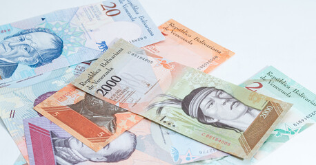 Venezuelan Bolivars. The concept of economic problems of countries, problems of Venezuela, very high inflation.