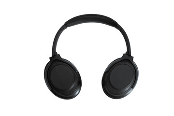 Computer headphones. Black headphones on a white background. The concept of listening to music, creating audio, music. Computer work, abstraction and minimalist style.