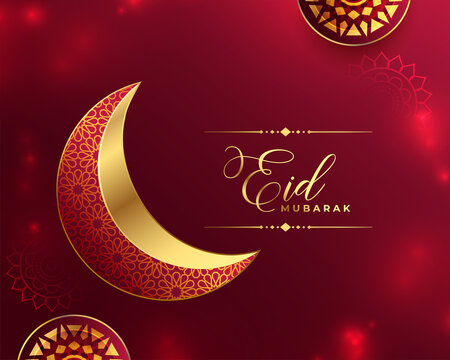Islamic Eid Mubarak Festival Red And Golden Shiny Beautiful Greeting Design