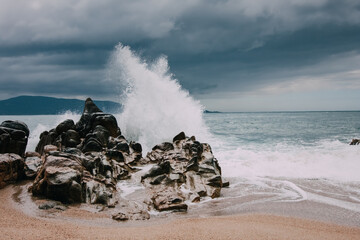 Stormy weather and big waves in Olmeto beach, Corsica, France