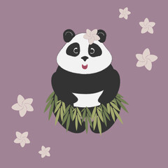 Dancing panda in a skirt of leaves at Hawaiian party