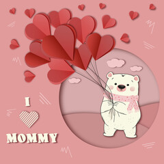 Mother's day pink postcard from daughter  with a bear and hearts in paper cut-out style with I love mommy text