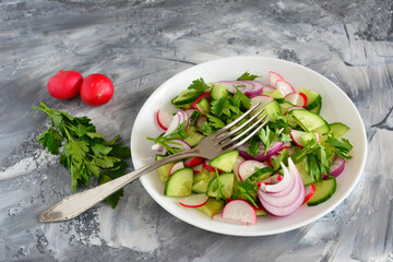 fresh spring salad with radish, cucumber, red onion, parsley and olive oil, close-up