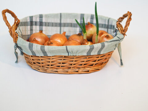 Onion and green onion in the basket on a white background