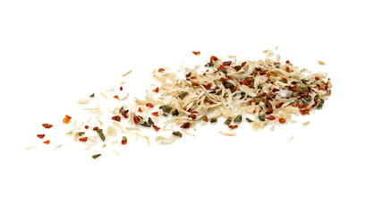 A mixture of different spices and herbs isolated on white background. Spice mix of garlic, onion, parsley, oregano, red paprika.