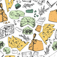 503_CHEESE, different varieties seamless pattern, graphic drawing, sketches of cheese, sprig of rosemary