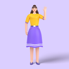3d female character saying hello with waving hand 