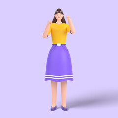 3d female character is celebrating victory, expressing positive emotion. Successful smiling