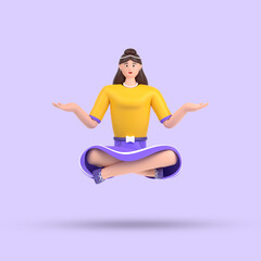 3d female character sitting in yoga meditation pose with open palm showing copy space 
