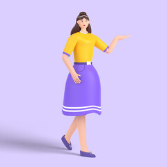 3d female character showing empty copy space on open hand palm