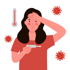 Sick woman suffering from flu or cold. She has fever symptom. Influenza disease concept. - obrazy, fototapety, plakaty