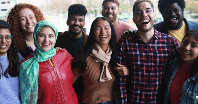 Young diverse people having fun outdoor laughing on camera - Diversity concept