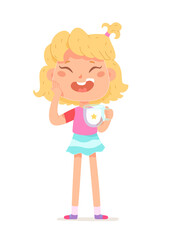 Happy kid drinking milk for body strength and growth, cute little girl holding glass