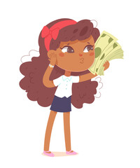 Happy kid holding money, cute rich girl with bunch of cash dollars, green banknotes