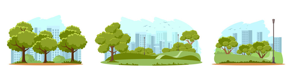 Summer landscape with city park or garden set, nature scenery with green trees and shrub © backup_studio