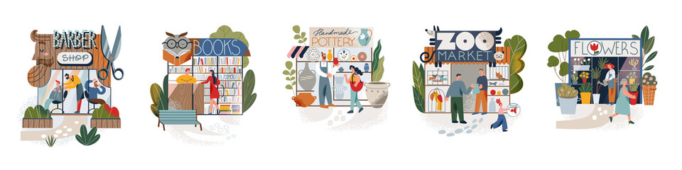 Shop facades and street market stall with customers set, exterior of stores collection