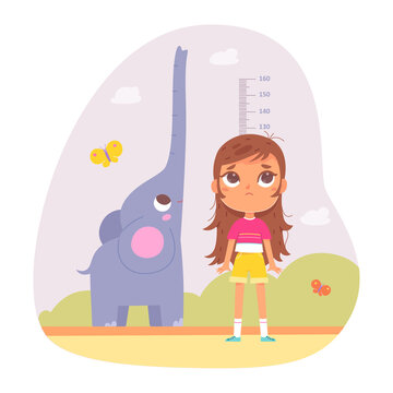 Girl measuring height, cute kid standing with cheerful elephant raising long trunk up