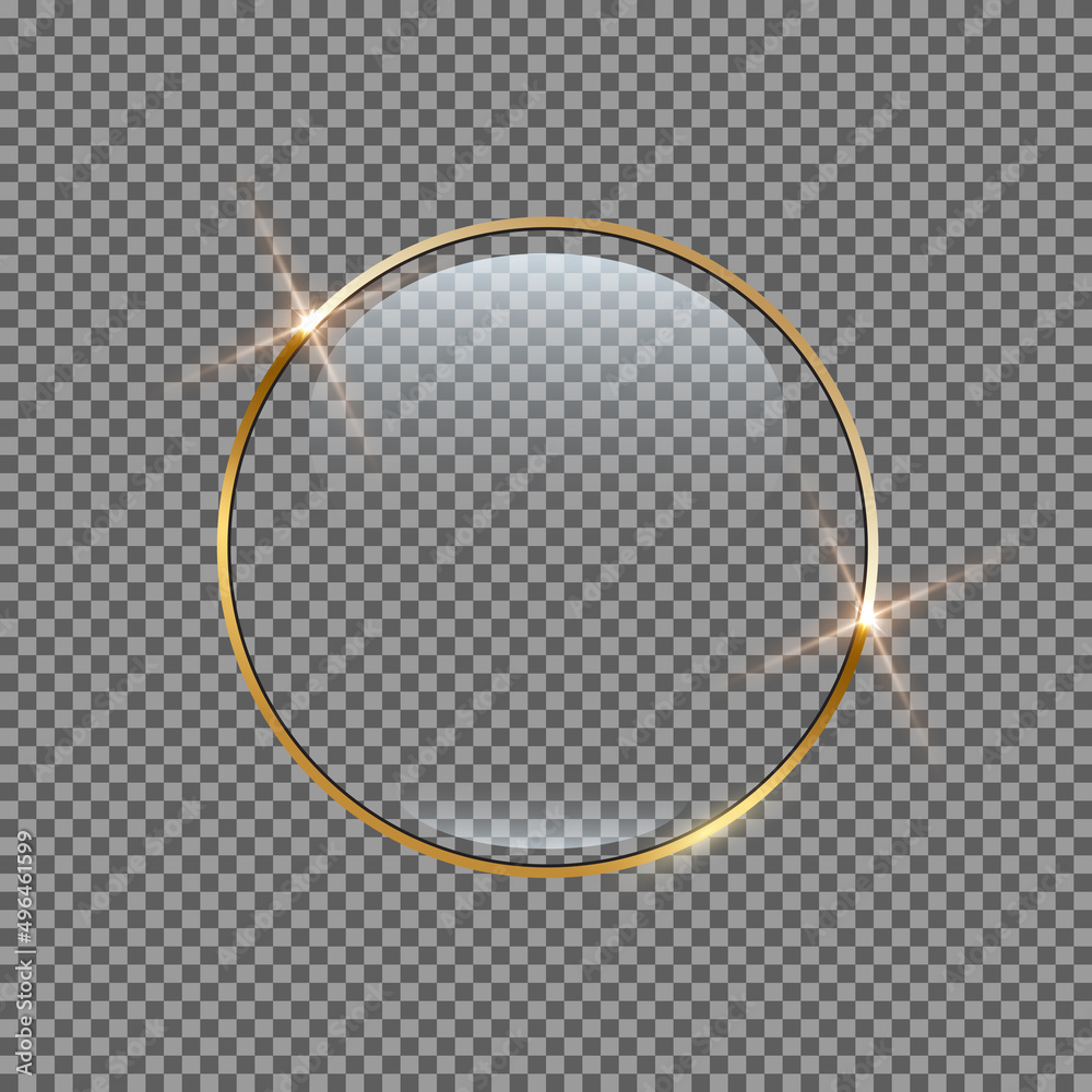 Wall mural 3d button of round shape with gold shiny circle frame and glass clear surface panel
