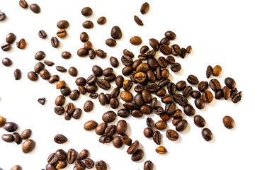 scattered coffee beans on white background isolated