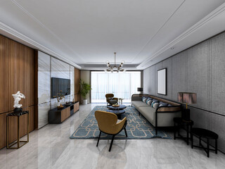 3D rendering, spacious living room design of modern residence, with sofa, tea table, decorative painting, etc