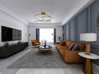 3D rendering, spacious living room design of modern residence, with sofa, tea table, decorative painting, etc