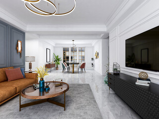 3D rendering, spacious living room design of modern residence, with sofa, tea table, decorative painting, etc