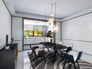 3D rendering, spacious dining room design next to the modern kitchen, with a beautiful dining table and greenery