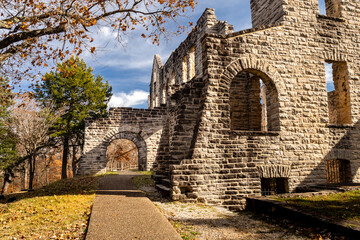 Stone walls of the abandoned mansion of Ha Ha Tonka State Park, Missouri, form interesting patterns and shapes.
