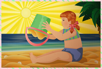 Fototapeta na wymiar Summer wallpaper, little girl playing on the beach , vector illustration