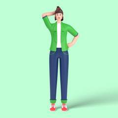 3d female character confused and annoyed, holding hands on waist pose