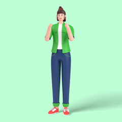 3d female character Winning gesture, expressing positive emotion. Successful smiling, showing strength with fists