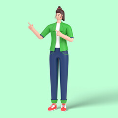3d female character pointing with two hands and fingers to the side.