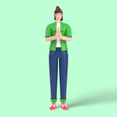 3d female character greeting with hands together. saying namaste gesture sign