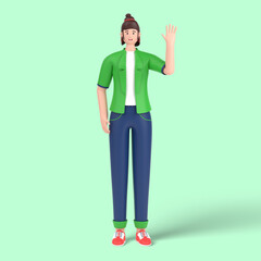 3d female character saying hello with waving hand 