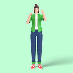 3d female character is celebrating victory, expressing positive emotion. Successful smiling