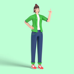 3d female character having great idea, finding inspiration or solution to problem, pointing finger up