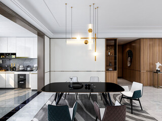3D rendering, spacious dining room design next to the modern kitchen, with a beautiful dining table and greenery