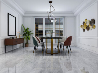 3D rendering, spacious dining room design next to the modern kitchen, with a beautiful dining table and greenery