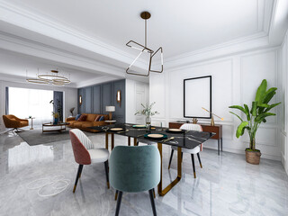 3D rendering, spacious dining room design next to the modern kitchen, with a beautiful dining table and greenery