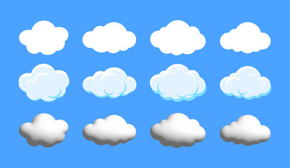 Set of white 3d realistic clouds and Fluffy white cartoon clouds isolated on a blue background. vector set