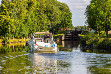 Motorboat at Gota canal in Sweden