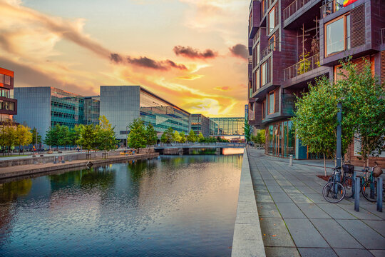 view of the Emil Holms Kanal, Tietgen Student Hall Tietgenkollegiet and IT University of Copenhagen, Denmark
